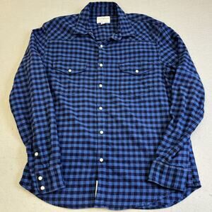 Lucky Brand Button Up Shirt Mens Medium Pearl Snap Blue Gingham Plaid Casual